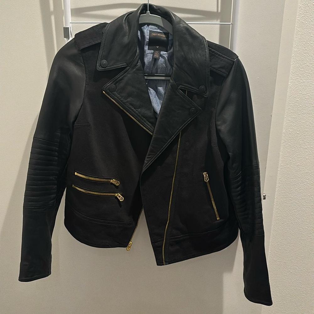 Black True Religion mix material leather jacket size S